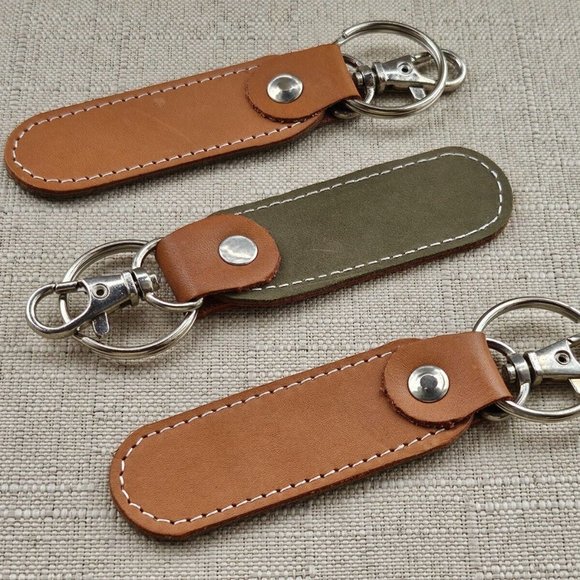 Lot of 3 Keychains Dual Tone Olive/Brown Genuine Leather Handmade keys Holder - Picture 1 of 11